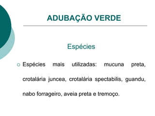 Espécies
 Espécies mais utilizadas: mucuna preta,
crotalária juncea, crotalária spectabilis, guandu,
nabo forrageiro, aveia preta e tremoço.
ADUBAÇÃO VERDE
 