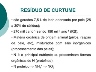 RESÍDUO DE CURTUME
• são gerados 7,5 L de lodo adensado por pele (25
a 30% de sólidos);
• 270 mil t ano-1, sendo 150 mil t ano-1 (RS);
• Matéria orgânica de origem animal (pêlos, raspas
de pele, etc), misturados com sais inorgânicos
(processamento das peles);
• N é o principal nutriente  predominam formas
orgânicas de N (proteínas);
• N protéico  NH4
+  NO3
-
 