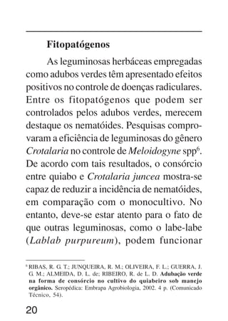 20
Fitopatógenos
As leguminosas herbáceas empregadas
como adubos verdes têm apresentado efeitos
positivos no controle de doenças radiculares.
Entre os fitopatógenos que podem ser
controlados pelos adubos verdes, merecem
destaque os nematóides. Pesquisas compro-
varam a eficiência de leguminosas do gênero
Crotalaria no controle de Meloidogyne spp6
.
De acordo com tais resultados, o consórcio
entre quiabo e Crotalaria juncea mostra-se
capaz de reduzir a incidência de nematóides,
em comparação com o monocultivo. No
entanto, deve-se estar atento para o fato de
que outras leguminosas, como o labe-labe
(Lablab purpureum), podem funcionar
6
RIBAS, R. G. T.; JUNQUEIRA, R. M.; OLIVEIRA, F. L.; GUERRA, J.
G. M.; ALMEIDA, D. L. de; RIBEIRO, R. de L. D. Adubação verde
na forma de consórcio no cultivo do quiabeiro sob manejo
orgânico. Seropédica: Embrapa Agrobiologia, 2002. 4 p. (Comunicado
Técnico, 54).
 