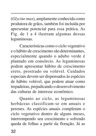 32
(Glycine max), amplamente conhecida como
produtora de grãos, também foi incluída por
apresentar potencial para essa prática. As
Fig. de 1 a 4 ilustram algumas dessas
leguminosas.
Características como o ciclo vegetativo
e o hábito de crescimento são determinantes,
especialmente quando o adubo verde é
plantado em consórcio. As leguminosas
podem apresentar hábito de crescimento
ereto, prostrado ou volúvel. Cuidados
especiais devem ser dispensados às espécies
de hábito volúvel, que podem atuar como
trepadeiras, prejudicando o desenvolvimento
das culturas de interesse econômico.
Quanto ao ciclo, as leguminosas
herbáceas classificam-se em anuais e
perenes. As espécies anuais completam o
ciclo vegetativo dentro de alguns meses,
interrompendo seu crescimento e sofrendo
queda de folhas a partir da floração. Já as
 