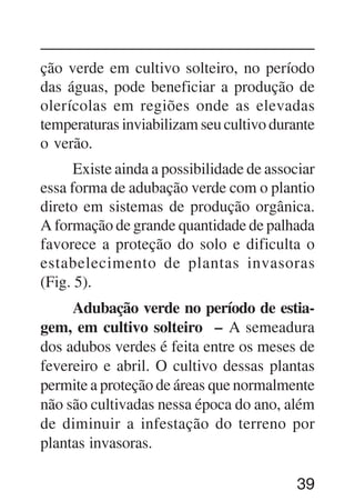 39
ção verde em cultivo solteiro, no período
das águas, pode beneficiar a produção de
olerícolas em regiões onde as elevadas
temperaturas inviabilizam seu cultivo durante
o verão.
Existe ainda a possibilidade de associar
essa forma de adubação verde com o plantio
direto em sistemas de produção orgânica.
A formação de grande quantidade de palhada
favorece a proteção do solo e dificulta o
estabelecimento de plantas invasoras
(Fig. 5).
Adubação verde no período de estia-
gem, em cultivo solteiro – A semeadura
dos adubos verdes é feita entre os meses de
fevereiro e abril. O cultivo dessas plantas
permite a proteção de áreas que normalmente
não são cultivadas nessa época do ano, além
de diminuir a infestação do terreno por
plantas invasoras.
 