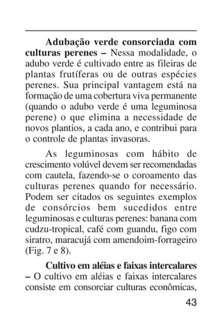 43
Adubação verde consorciada com
culturas perenes – Nessa modalidade, o
adubo verde é cultivado entre as fileiras de
plantas frutíferas ou de outras espécies
perenes. Sua principal vantagem está na
formação de uma cobertura viva permanente
(quando o adubo verde é uma leguminosa
perene) o que elimina a necessidade de
novos plantios, a cada ano, e contribui para
o controle de plantas invasoras.
As leguminosas com hábito de
crescimento volúvel devem ser recomendadas
com cautela, fazendo-se o coroamento das
culturas perenes quando for necessário.
Podem ser citados os seguintes exemplos
de consórcios bem sucedidos entre
leguminosas e culturas perenes: banana com
cudzu-tropical, café com guandu, figo com
siratro, maracujá com amendoim-forrageiro
(Fig. 7 e 8).
Cultivo em aléias e faixas intercalares
– O cultivo em aléias e faixas intercalares
consiste em consorciar culturas econômicas,
 