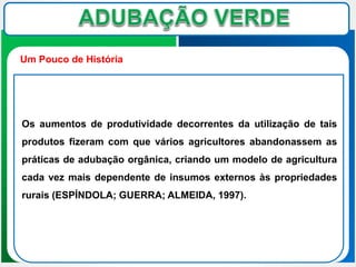 Os aumentos de produtividade decorrentes da utilização de tais
produtos fizeram com que vários agricultores abandonassem as
práticas de adubação orgânica, criando um modelo de agricultura
cada vez mais dependente de insumos externos às propriedades
rurais (ESPÍNDOLA; GUERRA; ALMEIDA, 1997).
Um Pouco de História
 