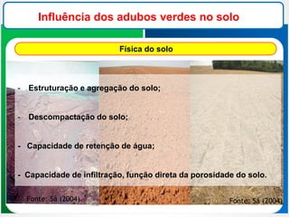 Influência dos adubos verdes no solo
Física do solo
Fonte: Sá (2004) Fonte: Sá (2004)
- Estruturação e agregação do solo;
- Descompactação do solo;
- Capacidade de retenção de água;
- Capacidade de infiltração, função direta da porosidade do solo.
Fonte: Sá (2004)
 