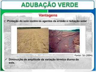 Vantagens
 Proteção do solo contra os agentes da erosão e radiação solar
 Diminuição de amplitude da variação térmica diurna do
solo.
Fonte: Sá (2004)
 