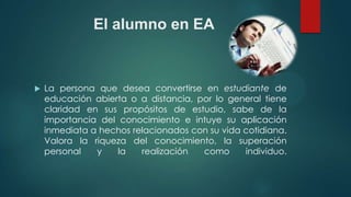 El alumno en EA



La persona que desea convertirse en estudiante de
educación abierta o a distancia, por lo general tiene
claridad en sus propósitos de estudio, sabe de la
importancia del conocimiento e intuye su aplicación
inmediata a hechos relacionados con su vida cotidiana.
Valora la riqueza del conocimiento, la superación
personal
y
la
realización
como
individuo.

 