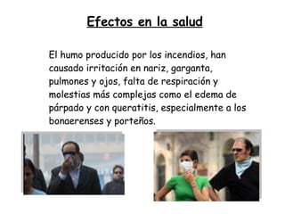 Efectos en la salud El humo producido por los incendios, han causado irritación en nariz, garganta, pulmones y ojos, falta de respiración y molestias más complejas como el edema de párpado y con queratitis, especialmente a los bonaerenses y porteños. 