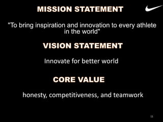 "To bring inspiration and innovation to every athlete
in the world"

Innovate for better world

honesty, competitiveness, and teamwork
11

 