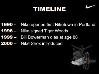 Nike opened first Niketown in Portland.
Nike signed Tiger Woods
Bill Bowerman dies at age 88
Nike Shox introduced

14

 