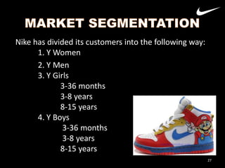 Nike has divided its customers into the following way:
1. Y Women
2. Y Men
3. Y Girls
3-36 months
3-8 years
8-15 years
4. Y Boys
3-36 months
3-8 years
8-15 years
27

 