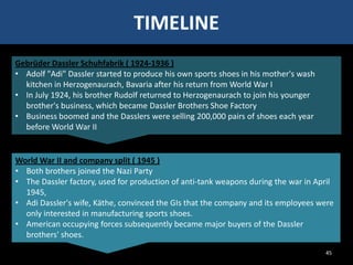 TIMELINE
Gebrüder Dassler Schuhfabrik ( 1924-1936 )
• Adolf "Adi" Dassler started to produce his own sports shoes in his mother's wash
kitchen in Herzogenaurach, Bavaria after his return from World War I
• In July 1924, his brother Rudolf returned to Herzogenaurach to join his younger
brother's business, which became Dassler Brothers Shoe Factory
• Business boomed and the Dasslers were selling 200,000 pairs of shoes each year
before World War II

World War II and company split ( 1945 )
• Both brothers joined the Nazi Party
• The Dassler factory, used for production of anti-tank weapons during the war in April
1945,
• Adi Dassler's wife, Käthe, convinced the GIs that the company and its employees were
only interested in manufacturing sports shoes.
• American occupying forces subsequently became major buyers of the Dassler
brothers' shoes.
45

 