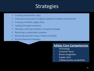 Strategies









Creating shareholder value
Investments focused on highest-potential markets and channels
Creating a flexible supply chain
Leading through innovation
Develop a team grounded in company heritage
Becoming a sustainable company
Brand’s Broad and Unique Product Portfolio
Brand Extension Strategies

Adidas Core Competencies
–
–
–
–
–

Technology
Customer focus
Brand recognition
Supply chain
Collaboratively competitive
56

 