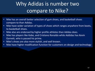 Why Adidas is number two
compare to Nike?
• Nike has an overall better selection of gym shoes, and basketball shoes
compare to than Adidas.
• Nike have wider variation of types of shoes which ranges anywhere from boots,
to basketball shoes.
• Nike also are endorsed by higher profile athletes than Adidas does.
• Nike has players like Kobe, and Cristiano Ronaldo while Addidas has Kevin
Garnett, who is passed his prime.
• Nike's shoes are also more stylish, and well known.
• Nike have higher modification function for customers on design and technology

57

 