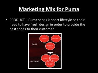 Marketing Mix for Puma
• PRODUCT – Puma shoes is sport lifestyle so their
need to have fresh design in order to provide the
best shoes to their customer.

 