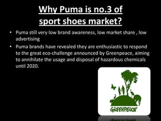Why Puma is no.3 of
sport shoes market?
• Puma still very low brand awareness, low market share , low
advertising
• Puma brands have revealed they are enthusiastic to respond
to the great eco-challenge announced by Greenpeace, aiming
to annihilate the usage and disposal of hazardous chemicals
until 2020.

 