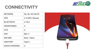 CONNECTIVITY
NETWORK 2G, 3G, 4G VOLTE
GPS ✔️ A-GPS, Glonass
BLUETOOTH ✔️ V5.0
HEADPHONES ✔️
OTG ✔️
WIFI 802.11
SIM SIZE Nano + Nano
USB PORT Type C
QUICK CHARGING ✔️
 