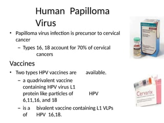Human Papilloma
Virus
• Papilloma virus infection is precursor to cervical
cancer
– Types 16, 18 account for 70% of cervical
cancers
Vaccines
• Two types HPV vaccines are available.
– a quadrivalent vaccine
containing HPV virus L1
protein like particles of HPV
6,11,16, and 18
– is a bivalent vaccine containing L1 VLPs
of HPV 16,18.
 