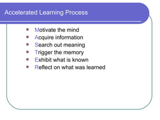 Accelerated Learning Process <ul><li>M otivate the mind </li></ul><ul><li>A cquire information </li></ul><ul><li>S earch o...