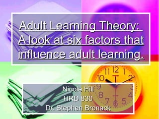 Adult Learning Theory:Adult Learning Theory:
A look at six factors thatA look at six factors that
influence adult learning.influence adult learning.
Nicole HillNicole Hill
HRD 830HRD 830
Dr. Stephen BronackDr. Stephen Bronack
 