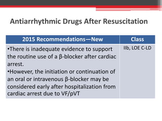 Antiarrhythmic Drugs After Resuscitation
2015 Recommendations—New Class
•There is inadequate evidence to support
the routine use of a β-blocker after cardiac
arrest.
•However, the initiation or continuation of
an oral or intravenous β-blocker may be
considered early after hospitalization from
cardiac arrest due to VF/pVT
IIb, LOE C-LD
 