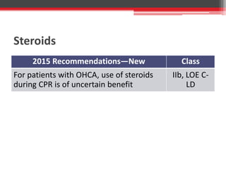 Steroids
2015 Recommendations—New Class
For patients with OHCA, use of steroids
during CPR is of uncertain benefit
IIb, LOE C-
LD
 