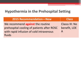 Hypothermia in the Prehospital Setting
2015 Recommendation—New Class
We recommend against the routine
prehospital cooling of patients after ROSC
with rapid infusion of cold intravenous
fluids
Classs III: No
benefit, LOE
A
 