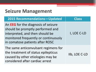 Seizure Management
2015 Recommendations—Updated Class
An EEG for the diagnosis of seizure
should be promptly performed and
interpreted, and then should be
monitored frequently or continuously
in comatose patients after ROSC
I, LOE C-LD
The same anticonvulsant regimens for
the treatment of status epilepticus
caused by other etiologies may be
considered after cardiac arrest
IIb, LOE C-LD
 