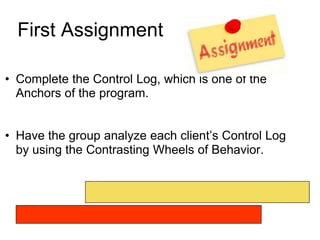 First Assignment

• Complete the Control Log, which is one of the
  Anchors of the program.


• Have the group analyze each client’s Control Log
  by using the Contrasting Wheels of Behavior.
 