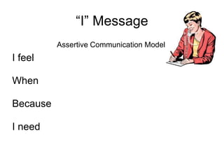“I” Message
          Assertive Communication Model
I feel

When

Because

I need
 