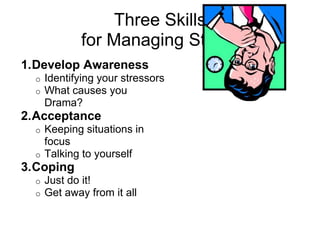 Three Skills
             for Managing Stress
1.Develop Awareness
  o   Identifying your stressors
  o   What causes you
      Drama?
2.Acceptance
  o Keeping situations in
    focus
  o Talking to yourself
3.Coping
  o   Just do it!
  o   Get away from it all
 