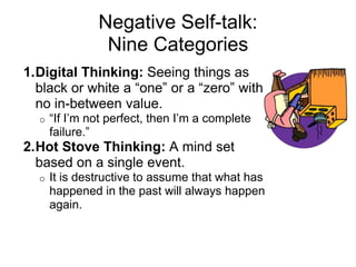 Negative Self-talk:
                Nine Categories
1.Digital Thinking: Seeing things as
  black or white a “one” or a “zero” with
  no in-between value.
  o   “If I’m not perfect, then I’m a complete
      failure.”
2.Hot Stove Thinking: A mind set
  based on a single event.
  o   It is destructive to assume that what has
      happened in the past will always happen
      again.
 