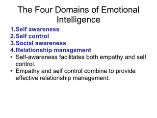 The Four Domains of Emotional
           Intelligence
1.Self awareness
2.Self control
3.Social awareness
4.Relationship management
• Self-awareness facilitates both empathy and self
  control.
• Empathy and self control combine to provide
  effective relationship management.
 