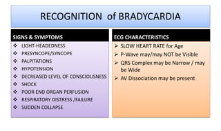 RECOGNITION of BRADYCARDIA
SIGNS & SYMPTOMS
 LIGHT-HEADEDNESS
 PRESYNCOPE/SYNCOPE
 PALPITATIONS
 HYPOTENSION
 DECREASED LEVEL OF CONSCIOUSNESS
 SHOCK
 POOR END ORGAN PERFUSION
 RESPIRATORY DISTRESS /FAILURE
 SUDDEN COLLAPSE
ECG CHARACTERISTICS
 SLOW HEART RATE for Age
 P-Wave may/may NOT be Visible
 QRS Complex may be Narrow / may
be Wide
 AV Dissociation may be present
 