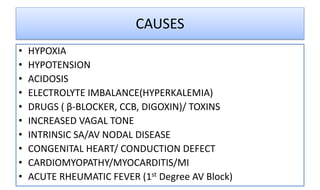 CAUSES
• HYPOXIA
• HYPOTENSION
• ACIDOSIS
• ELECTROLYTE IMBALANCE(HYPERKALEMIA)
• DRUGS ( β-BLOCKER, CCB, DIGOXIN)/ TOXINS
• INCREASED VAGAL TONE
• INTRINSIC SA/AV NODAL DISEASE
• CONGENITAL HEART/ CONDUCTION DEFECT
• CARDIOMYOPATHY/MYOCARDITIS/MI
• ACUTE RHEUMATIC FEVER (1st Degree AV Block)
 