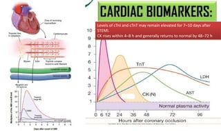 Levels of cTnI and cTnT may remain elevated for 7–10 days after
STEMI.
CK rises within 4–8 h and generally returns to normal by 48–72 h
 