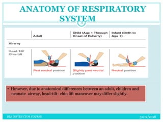 ANATOMY OF RESPIRATORY
SYSTEM
• However, due to anatomical differences between an adult, children and
neonate airway, head-tilt- chin lift maneuver may differ slightly.
31/12/2018
11
BLS INSTRUCTOR COURSE
 