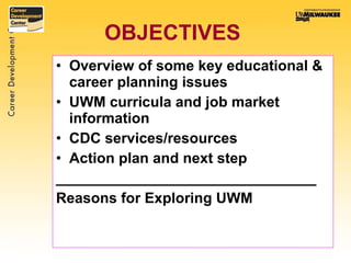 OBJECTIVES   Overview of some key educational & career planning issues UWM curricula and job market information CDC services/resources Action plan and next step ________________________________  Reasons for Exploring UWM 