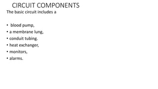 CIRCUIT COMPONENTS
The basic circuit includes a
• blood pump,
• a membrane lung,
• conduit tubing.
• heat exchanger,
• monitors,
• alarms.
 