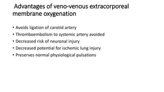 Advantages of veno-venous extracorporeal
membrane oxygenation
• Avoids ligation of carotid artery
• Thromboembolism to systemic artery avoided
• Decreased risk of neuronal injury
• Decreased potential for ischemic lung injury
• Preserves normal physiological pulsations
 