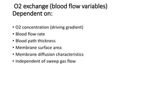 O2 exchange (blood flow variables)
Dependent on:
• O2 concentration (driving gradient)
• Blood flow rate
• Blood path thickness
• Membrane surface area
• Membrane diffusion characteristics
• Independent of sweep gas flow
 