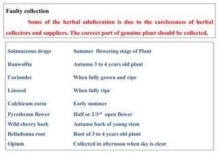 Solanaceous drugs Summer flowering stage of Plant
Rauwolfia Autumn 3 to 4 years old plant
Coriander When fully grown and ripe
Linseed When fully ripe
Colchicum corm Early summer
Pyrethrum flower Half or 2/3rd open flower
Wild cherry bark Autumn bark of young stem
Belladonna root Root of 3 to 4 years old plant
Opium Collected in afternoon when sky is clear
Faulty collection
Some of the herbal adulteration is due to the carelessness of herbal
collectors and suppliers. The correct part of genuine plant should be collected.
 
