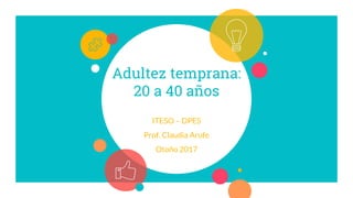 Adultez temprana:
20 a 40 años
ITESO – DPES
Prof. Claudia Arufe
Otoño 2017
 