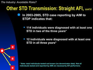  In 2003-2005, STD case reporting by AIM to
STDP indicates that:
 114 individuals were diagnosed with at least one
STD i...