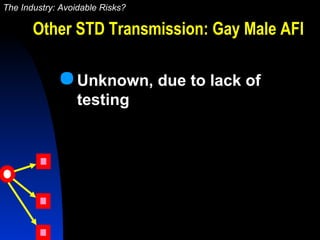 Unknown, due to lack of
testing
Other STD Transmission: Gay Male AFI
The Industry: Avoidable Risks?
 