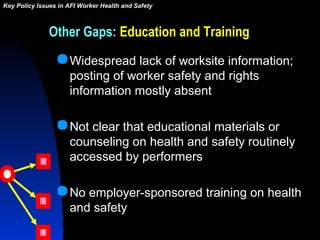Other Gaps: Education and Training
Widespread lack of worksite information;
posting of worker safety and rights
informati...