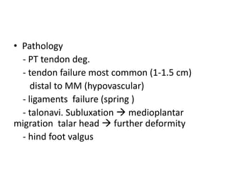 • Pathology
- PT tendon deg.
- tendon failure most common (1-1.5 cm)
distal to MM (hypovascular)
- ligaments failure (spring )
- talonavi. Subluxation  medioplantar
migration talar head  further deformity
- hind foot valgus
 