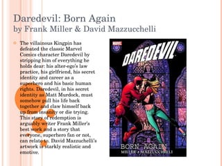 Daredevil: Born Again by Frank Miller & David Mazzucchelli The villainous Kingpin has defeated the classic Marvel Comics character Daredevil by stripping him of everything he holds dear: his alter-ego’s law practice, his girlfriend, his secret identity and career as a superhero and his basic human rights. Daredevil, in his secret identity as Matt Murdock, must somehow pull his life back together and claw himself back up from insanity or die trying. This story of redemption is arguably writer Frank Miller’s best work and a story that everyone, superhero fan or not, can relate to. David Mazzuchelli’s artwork is starkly realistic and emotive.  