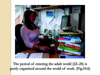 The period of entering the adult world (22–28) is
partly organized around the world of work. (Fig.10.6)
 