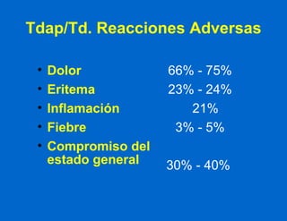 Tdap/Td. Reacciones Adversas Dolor Eritema Inflamación Fiebre Compromiso del estado general 66% - 75% 23% - 24% 21% 3% - 5% 30% - 40%   