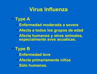 Virus Influenza Type A Enfermedad moderada a severe Afecta a todos los grupos de edad Afecta humanos y otros animales, especialmente aves acuaticas. Type B Enfermedad leve Afecta primariamente niños Sólo humanos. 